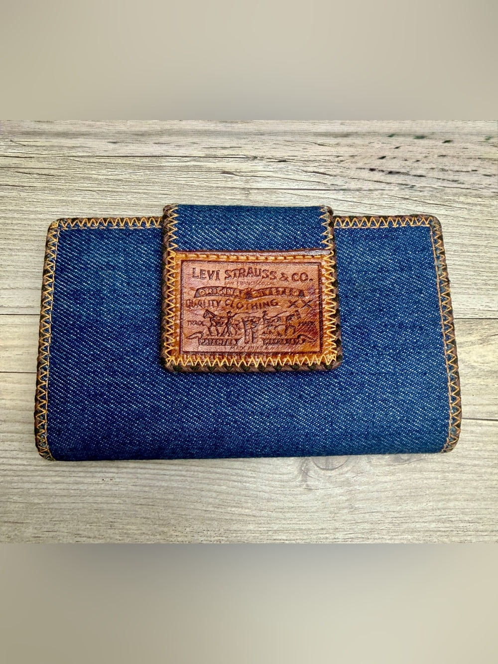 Vtg Levi Strauss & Co Denim Brown Leather Bifold Wallet w/Coin Purse